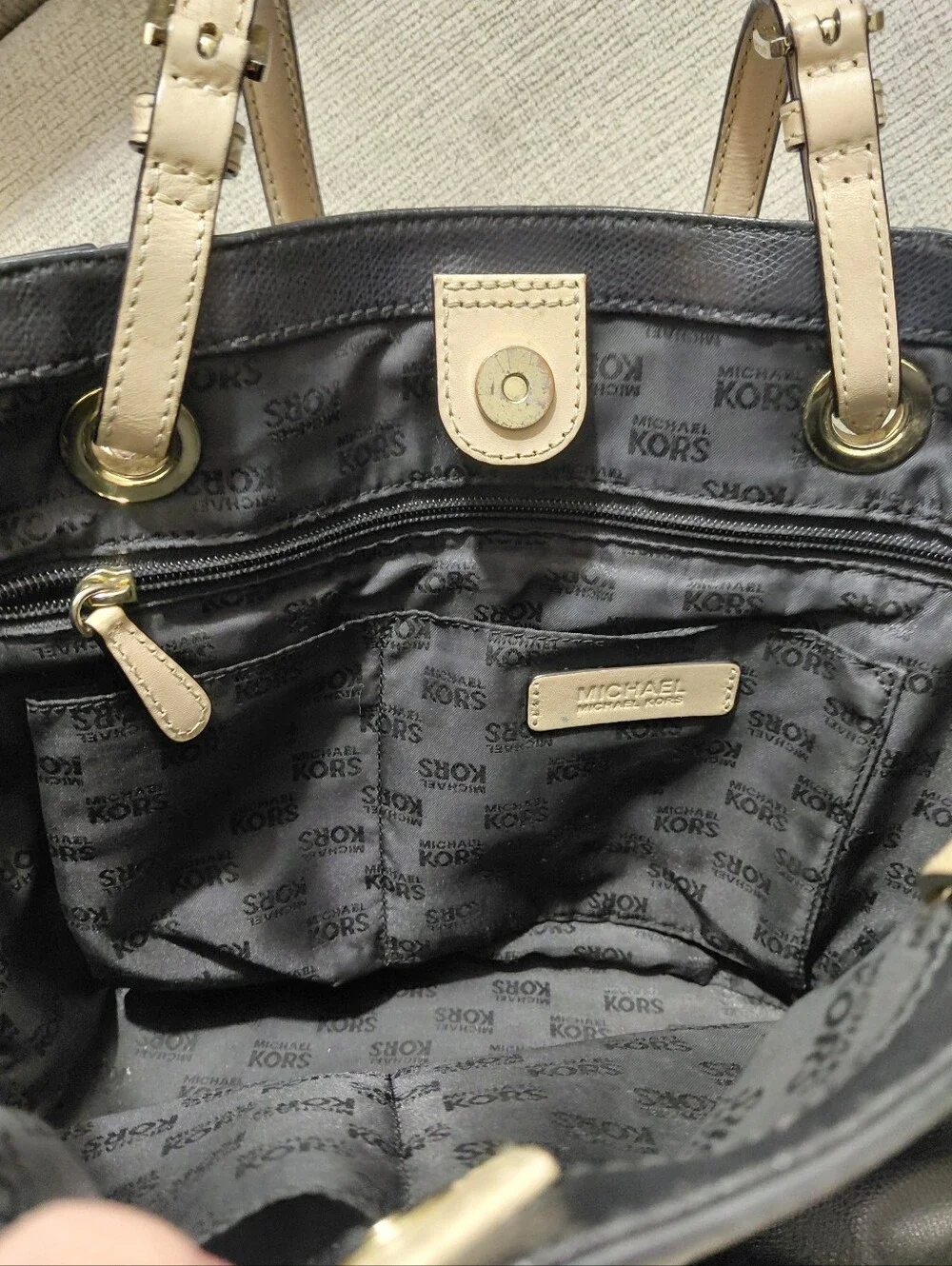 Michael Kors Black Leather Tote Shoulder Bag with Gold Emblem